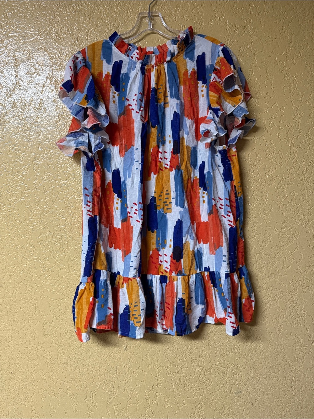 Abstract Brushstroke Ruffle Sleeve Blouse - Multicolor